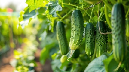 Canvas Print - Green Cucumbers Growing on Vine in Garden