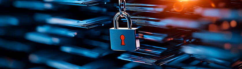 A close-up of a padlock symbolizing security against a backdrop of abstract, digital elements.