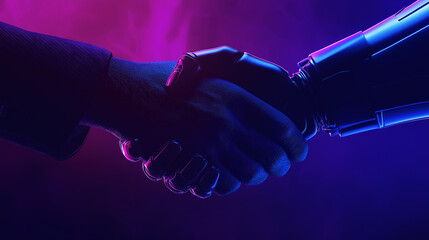 Aufkleber - Businessman and robot shaking hands in neon light