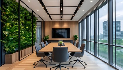 Wall Mural - Innovative office design featuring pod meeting rooms, expansive windows, and lush greenery promoting collaboration and creativity