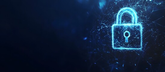 A glowing blue lock icon, set against a cyber security background