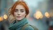 © KADER - Side-View Portrait of a Young Red-Haired Woman Running Through the City with Blurred Motion Background, Wearing a Green Jacket and Backpack – High-Resolution Photography with Dynamic Angle and Natural