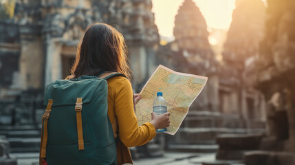 Young woman tourist exploring angkor wat temple complex with backpack and map