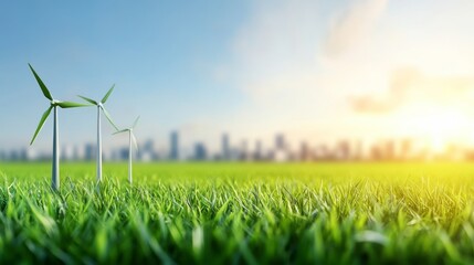 A serene landscape with wind turbines in a green field under a blue sky, symbolizing renewable energy and sustainability.