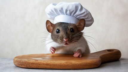 Funny rat wearing a chef's hat is sitting at a wooden cutting board