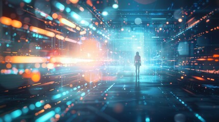 Canvas Print - A futuristic scene featuring a figure in a digital landscape illuminated by vibrant lights and data streams, symbolizing technology and exploration.