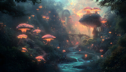 A mystical forest with glowing mushrooms, winding rivers, and floating islands, creating a magical and otherworldly feel