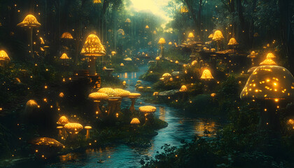 A mystical forest with glowing mushrooms, winding rivers, and floating islands, creating a magical and otherworldly feel