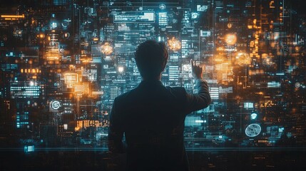 A Silhouetted Person Interacting with a Wall of Digital Data