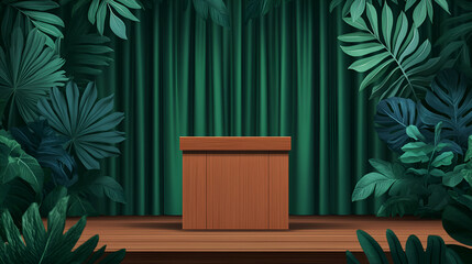 4K seamless looping virtual video animation background, witness a press conference taking place on a wooden stage room and podium, beautifully decorated with tropical jungle plants and green curtain