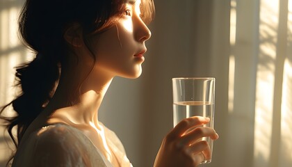 Wall Mural - Serene moment of a woman holding a glass of water in soft lighting, bathed in sunlight streaming through a window