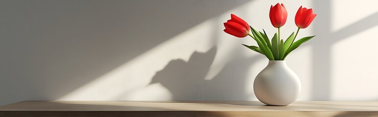 Wall Mural - A white vase with red tulips sits on a wooden table against a white wall with natural sunlight streaming through a window.