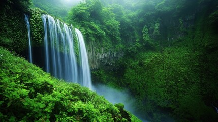 Wall Mural - Serene Waterfall Cascading Through Lush Greenery