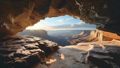 Wall Mural - Cave Entrance Revealing a Majestic Canyon Landscape Bathed in Warm Sunlight