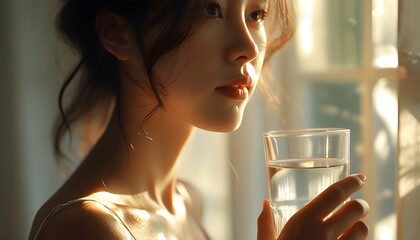 Wall Mural - Serene moment of a woman holding a glass of water in soft lighting, bathed in sunlight streaming through a window