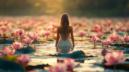 Wall Mural - Woman in a White Dress Standing in a Field of Water Lilies at Sunset