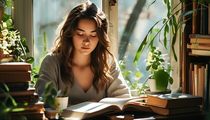 Wall Mural - Serene study space with a young woman focused on her books by a sunlit window, surrounded by greenery and inspiration