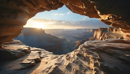 Wall Mural - Cave Entrance Revealing a Majestic Canyon Landscape Bathed in Warm Sunlight