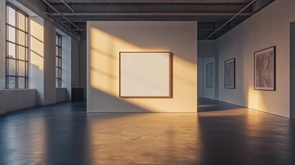 Wall Mural - Empty Gallery Room with Large Blank Canvas and Sunlight Streaming Through Windows