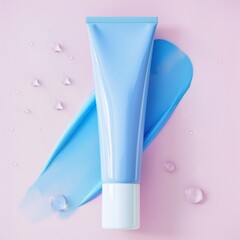 Blue Beauty Product Tube with Swatch on Pink Background