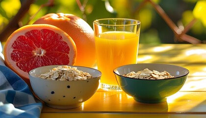 Wall Mural - Sunny Yellow Breakfast Delight with Grapefruit, Orange Juice, and Oatmeal