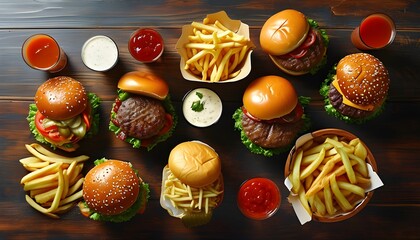 Wall Mural - A vibrant tabletop spread showcasing an irresistible burger feast with fries, drinks, and a variety of condiments awaiting enjoyment.