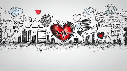 Poster - A vibrant, urban landscape features a prominent heartbeat motif intertwined with buildings, reflecting the dynamic relationship between city life and well-being.
