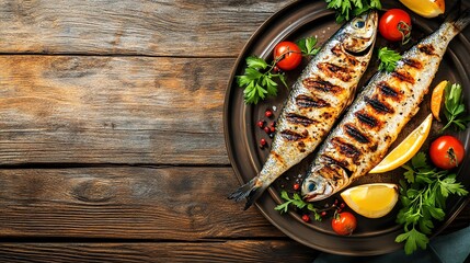 Grilled fish on a plate with lemon slices, cherry tomatoes, and parsley. Wooden rustic background.