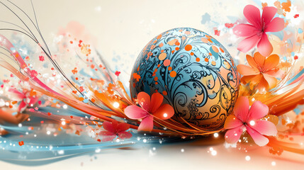 A colorful, flowery background with a blue ball in the center. The ball is surrounded by a lot of flowers and has a lot of detail. Scene is bright and cheerful