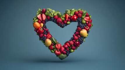 Celebrate World Heart Day with a powerful visual of a heart-shaped symbol made from fresh fruits and vegetables, emphasizing the importance of a healthy lifestyle for a strong heart