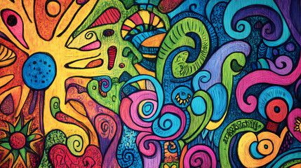 create a colorful and vibrant doodle art mural. doodle art. illustration