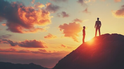 Two Silhouettes Standing on a Mountaintop at Sunset