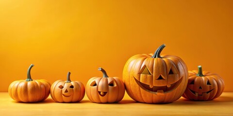 Happy Halloween concept with Jack-o-Lantern pumpkins on a yellow background, Halloween,Jack-o-Lantern, pumpkins, yellow