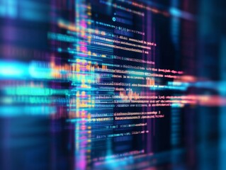 Abstract representation of software development with blurred computer code and screens, highlighting Python programming, AI-inspired visuals, and creativity in technology and data science.