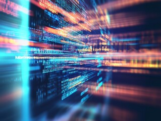Wall Mural - abstract representation of software development with blurred computer code and screens, highlighting