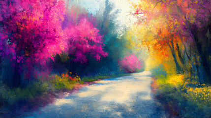 Poster - Digital oil painting of empty road in colorful blooming rural landscape, impressionism, beautiful artistic image for summer, nature, spring concepts. generative ai. Impressionism. Illustration