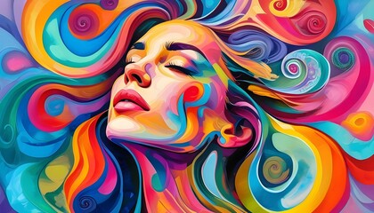 Sticker - Vibrant Abstract Portrait of Woman Embodying Imagination and Creativity Through Swirling Patterns