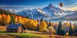 © nittiya - Beautiful mountain landscape with a cozy cottage, hot air balloon, autumn trees, snowy peaks, and clear skies