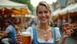 © Mityarko - Joyful Woman Holding Pretzel and Beer at Oktoberfest