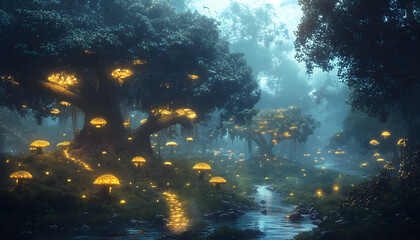 A mystical forest with glowing mushrooms, winding rivers, and floating islands, creating a magical and otherworldly feel