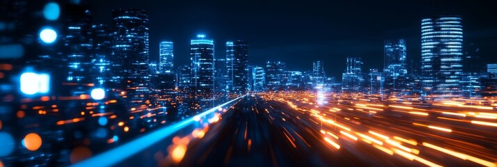 A futuristic city skyline with glowing streetlights, showcasing a blend of advanced technology and urban living. The image symbolizes innovation, progress, connectivity, and the boundless potential of