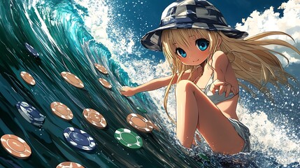 Anime Girl Riding a Wave of Poker Chips.