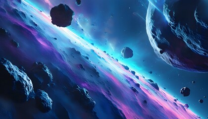 Cosmic Journey Through an Asteroid Field in Enchanting Blue and Purple Hues