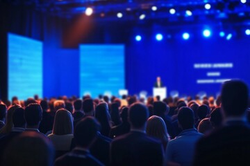 Large crowd gathered in front of a conference stage with speakers, set against a blurred blue background, capturing the event atmosphere.