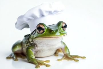 A green frog wearing a white chef hat, a cute and funny image perfect for culinary or animal-related content.