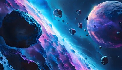 Wall Mural - Cosmic Journey Through an Asteroid Field in Enchanting Blue and Purple Hues