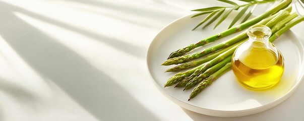 Fresh asparagus with olive oil on a plate, white isolate background