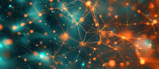 Wall Mural - orange threads weave through teal dots, depicting digital linkages.