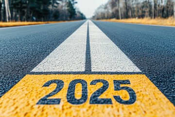 White and yellow numbers on an asphalt road with white lines