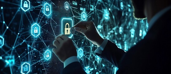 Wall Mural - Businessman engages with digital cyber security tools, showcasing padlock graphics.